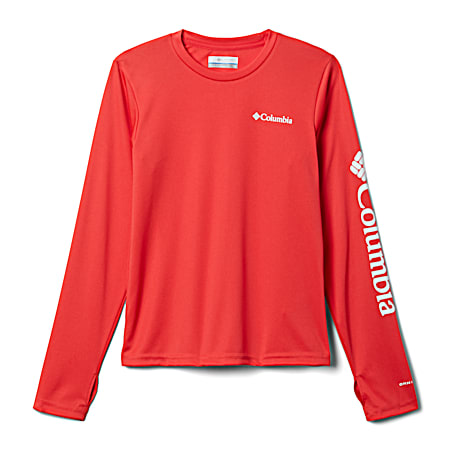 Girls' Fork Stream Red Hibiscus Omni-SHADE/WICK Crew Neck Long Sleeve Polyester Shirt