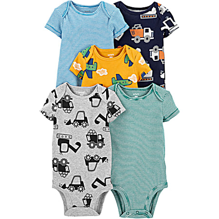 Infant Multi Color All-Over Print & Construction Graphic Crew Neck Short Sleeve Bodysuit - 5 Pk