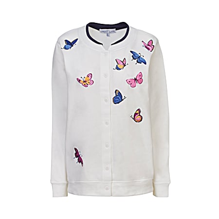 Women's Cream Embroidered Butterfly Button Front Long Sleeve Fleece Cardigan