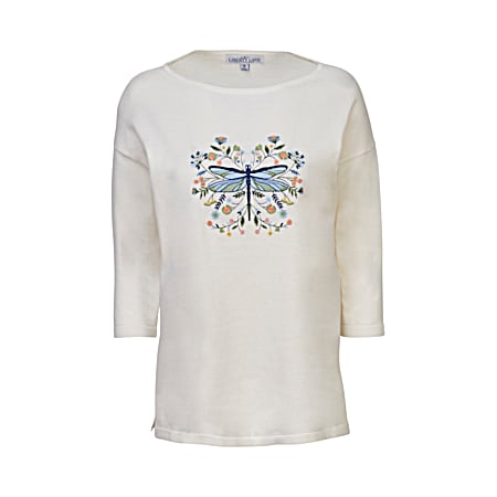 Women's Cream Embroidered Dragonfly Boat Neck 3/4 Sleeve Pullover Top