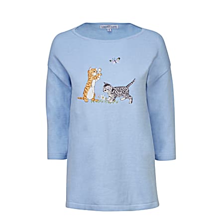 Women's Chambray Blue Embroidered Kittens Boat Neck 3/4 Sleeve Pullover Top