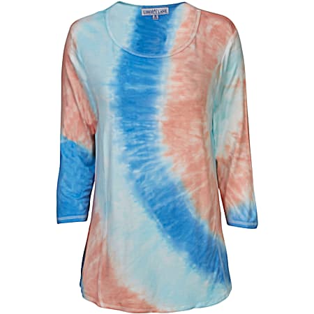 Women's Aqua/Coral Tie Dye Scoop Neck 3/4 Sleeve Pullover Top
