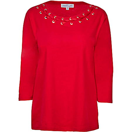 Women's Tango Red Grommet & Ribbon Laced Neckline 3/4 Sleeve Top