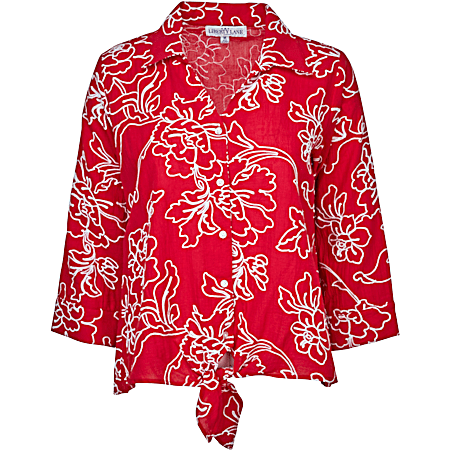 Women's Red Tango Embroidered Floral Button Front 3/4 Sleeve Top w/Tie Hemline
