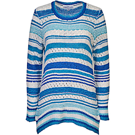 Women's Blue/Aqua Striped Lightweight Crew Neck Long Sleeve Pullover Sweater