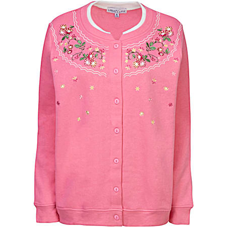 Women's Morning Glory Embroidered Flowers Button Front Long Sleeve Fleece Cardigan