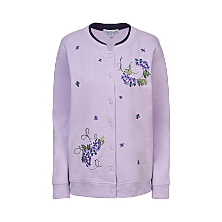 Women's Pastel Lilac Embroidered Floral Button Front Long Sleeve Fleece Cardigan