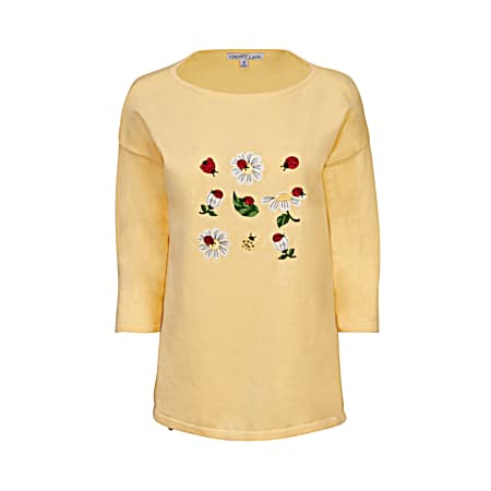 Women's Golden Haze Embroidered Ladybugs Boat Neck 3/4 Sleeve Pullover Top