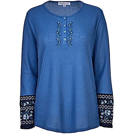 Women's Federal Blue Embroidered Long Sleeve Waffle Knit Henley