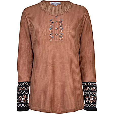 Women's Almondine Embroidered Long Sleeve Waffle Knit Henley