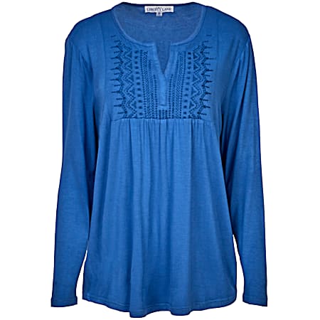 Women's Federal Blue Geometric Embroidered Split Neck Long Sleeve Top