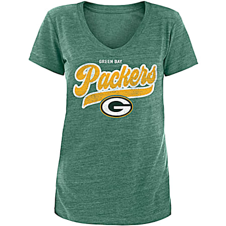 Women's Green Bay Packers Green Heather Team Graphic V-Neck Short Sleeve T-Shirt