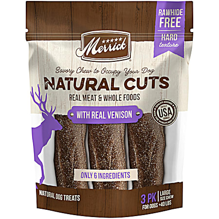 Natural Cuts Large Real Venison Rawhide Free Dog Treats - 3 ct