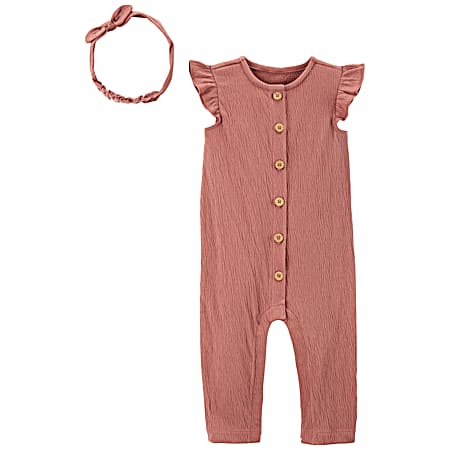 Infant Girls' Mauve Button Front Flutter Sleeve Jumpsuit & Headband - 2 Pc Set