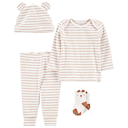 Infant White Stripes Little Love Bear Top, Pull-On Pant's, Cap & Socks - 4 Pc Outfit