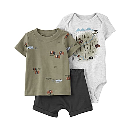 Infant Boys' Green Buffalo Crew Neck T-Shirt, Printed Bodysuit & Solid Shorts - 3 Pc Outfit