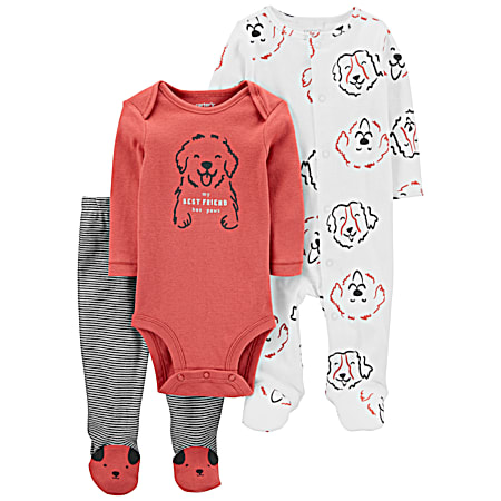 Infant Boys' White/Red Dog Printed Long Sleeve Bodysuits & Coordinating Bottoms - 3 Pc Outfit