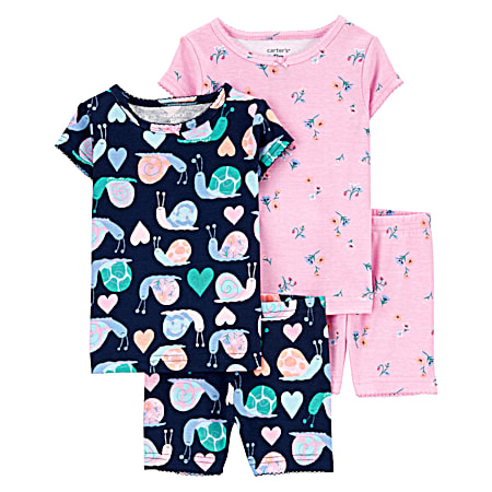 Toddler Girls' Pink/Purple All-Over Print Sleep Tops & Coordinating Bottoms 4-Pc Outfit