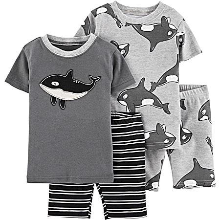 Toddler Grey/White Whales Sleep Tops Coordinating Bottoms 4-Pc Outfit