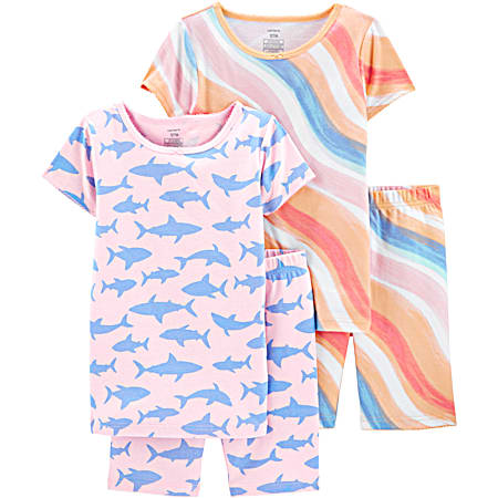 Little Girls' All-Over Multi-Print Sleep Tops Coordinating Bottoms 4-Pc Outfit