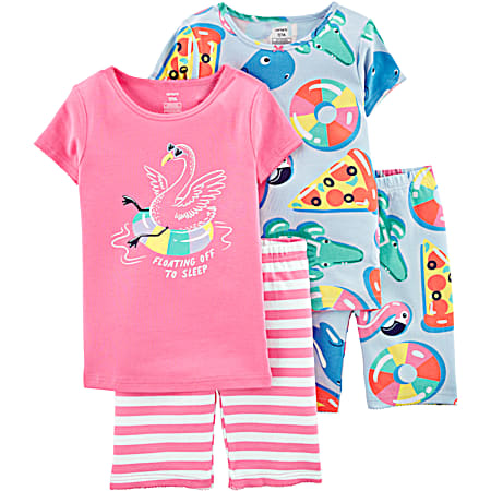 Little Girls' All-Over Multi-Print/Flamingo Graphic Sleep Tops Coordinating Bottoms 4-Pc Outfit
