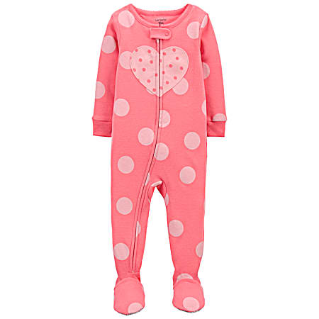 Infant Girls' Pink Polka Dots/Heart All-Over Print Snug Fit Cotton Footed PJ's