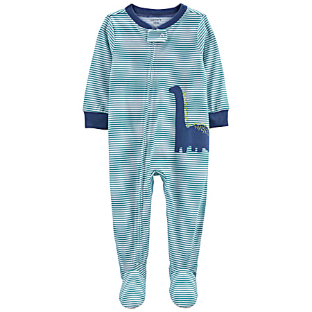Infant Boys' Blue Dinosaur Applique & All-Over Stripe Snug Fit Cotton Footed PJ's
