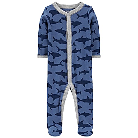 Carter's Infant Boys' Navy Blue Sharks Snap Front French Terry Footed PJ's
