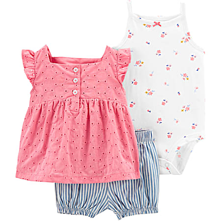 Carter's Infant Pink Top w/All-Over Print Bodysuit & Striped Shorts 3 Pc Outfit