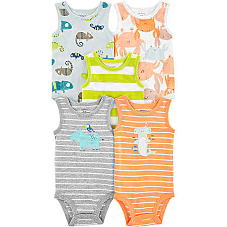 Infant Multi Color All-Over Print & Graphic Crew Neck Tank Style Bodysuit - 5 Pk