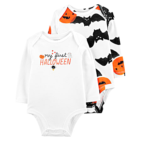 Infant Halloween Themed Crew Neck Long Sleeve Cotton Bodysuits - 2 Pk