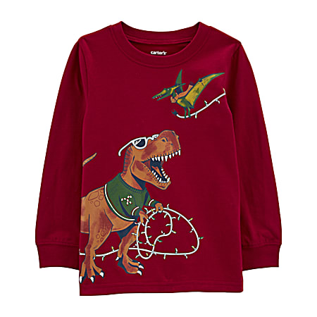 Toddlers' Christmas Dino Graphic Crew Neck Long Sleeve Tee