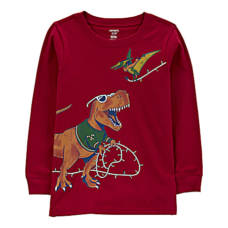 Little Kids' Christmas Dinosaur Graphic Crew Neck Long Sleeve Jersey Tee