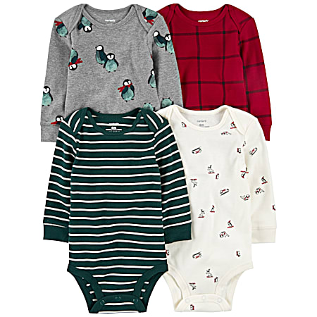 Infant Winter Themed Long Sleeve Bodysuits 4-Pk