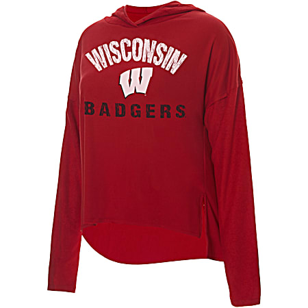 Women's Wisconsin Badgers Red Overture Team Graphic Long Sleeve Hi-Low Hoodie