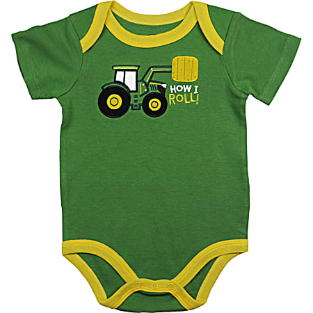 Infant Green This Is How I Roll Embroidered Tractor Cotton Bodysuit