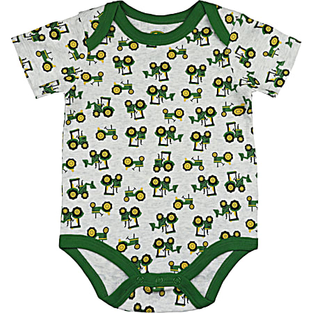 Infant Grey All-Over Tractor Print Cotton Bodysuit
