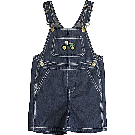 Toddler Blue Embroidered Tractor Pre-Washed Denim Shortalls