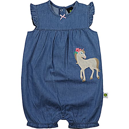 Infant Girls' Chambray Blue Horse Applique Sleeveless Romper