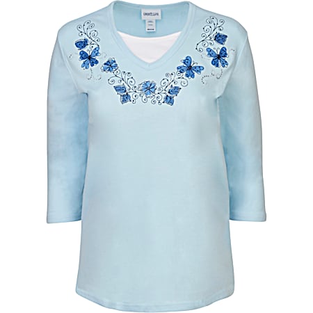 Women's Light Blue Embroidered Denim Dreamer V-Neck 3/4 Sleeve Top