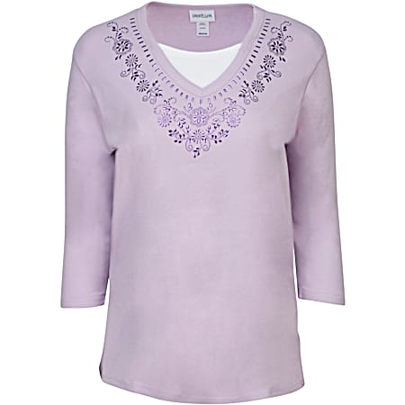 Women's Lavender Embellished Smoke Purples V-Neck 3/4 Sleeve Top