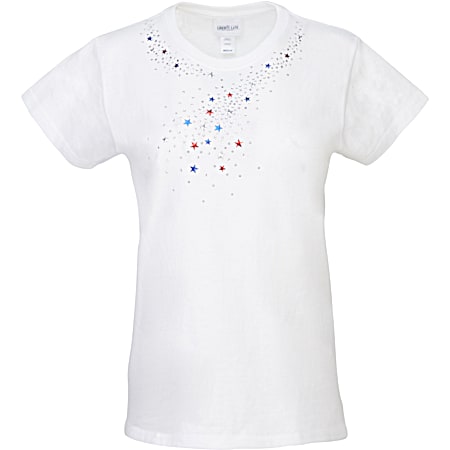 Women's White Embellished Star Flow Crew Neck Short Sleeve T-Shirt