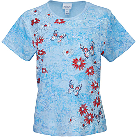 Women's Light Blue Patriotic All Over Butterfly America Scoop Neck Short Sleeve T-Shirt