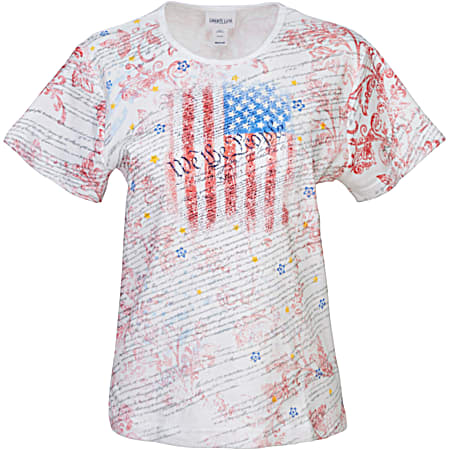 Women's White Patriotic All Over Constitution Scoop Neck Short Sleeve T-Shirt