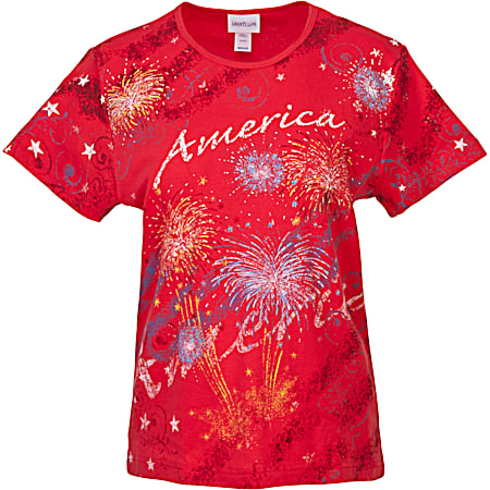 Women's Red Patriotic All Over Flares Scoop Neck Short Sleeve T-Shirt