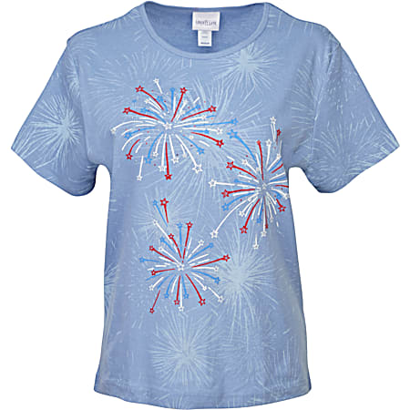 Women's Light Blue Patriotic All Over Bright Fireworks Scoop Neck Short Sleeve T-Shirt