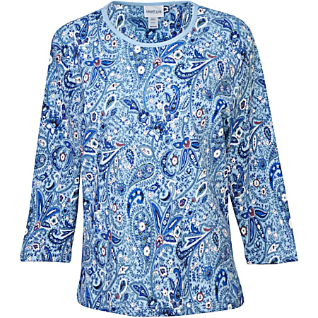 Women's Sky Blue Patriotic All Over Blue Paisley Scoop Neck 3/4 Sleeve T-Shirt