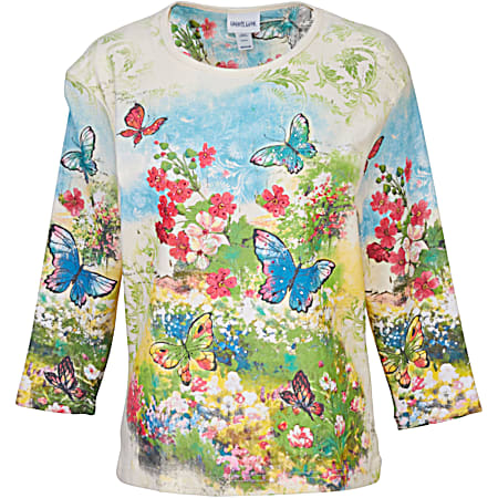 Women's Parchment All Over Butterfly Bunch Scoop Neck 3/4 Sleeve Top