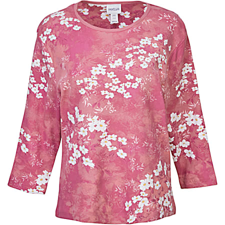 Women's Petal All Over Spring Blossoms Scoop Neck 3/4 Sleeve Top