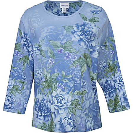Women's Carolina Blue All Over Floral Abstract Scoop Neck 3/4 Sleeve Top